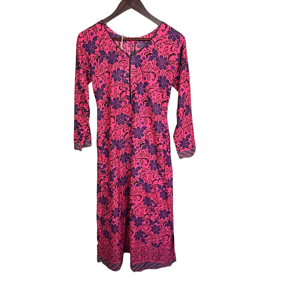 DC‎ Xasra Floral Kurti Tunic Dress Womens Small Pink Purple Long Sleeve V-Neck